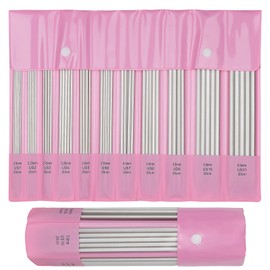 Aeeque Pack of 55 Needles with Pink PU Bag, 11 Sizes Stainless Steel Double Pointed Knitting Needles Set Beginners (2.0 mm - 6.0 mm), 20 cm Short Knitting Needle Game Metal Straight Knitting Needles