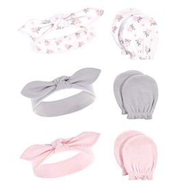 Hudson Baby Unisex Baby Cotton Headband and Scratch Mitten Set, Pink Gray Floral, 0-6 Month