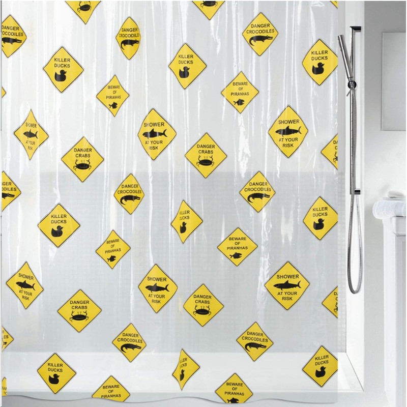 Spirella Anti-Mould Shower Curtain "Danger" Anti-Bacterial, Washable, Waterproof PEVA 180
