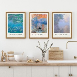 SYWENNOI 3 Pieces Wood Frames Vintage Canvas Wall Art, Claude Monet Impressionism Art Wall Decor, Minimalist Classic Botanical Designs Painting Prints for Living Room Bedroom Offices 12x16 Inch