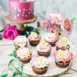 40PCS Edible God Bless Cupcake Toppers Glutinous Rice Paper Baby Girl Baptism First Communion Party Decor Christening Celebration Religious Birthday Party Decorations Supplies