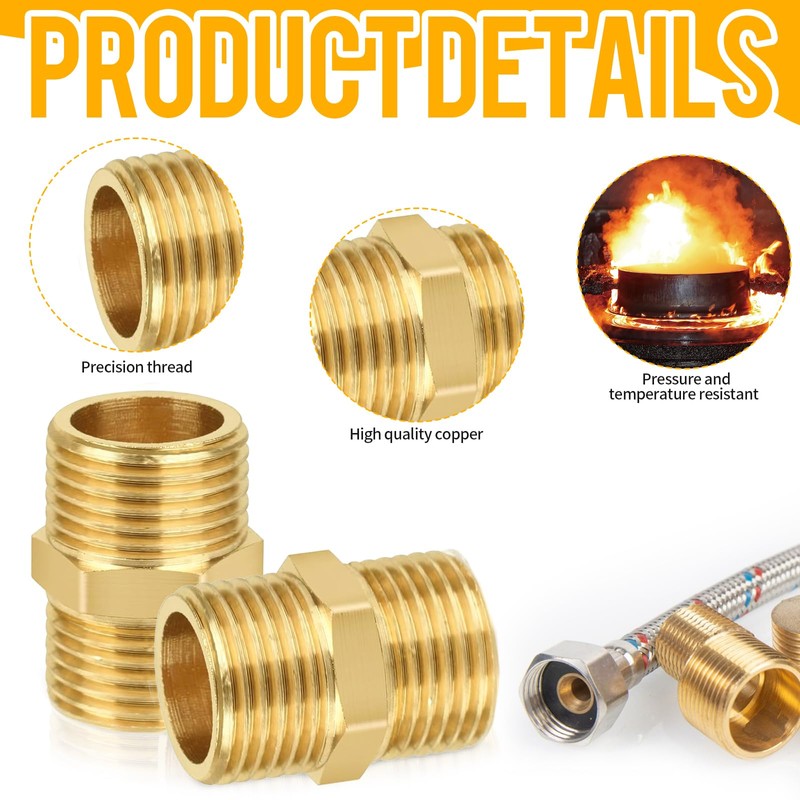4 Pcs 1/2" Male to 1/2" Males, Thread Brass Hex