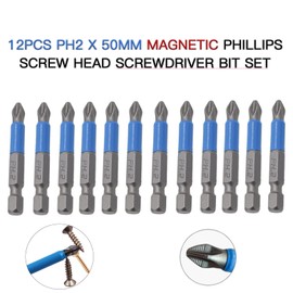 Joyangy 12pcs PH2 Magnetic Screw Head Screwdriver Bit Set, Alloy Steel PH2 X 50mm Long Phillips Drill Bits, 1/4 Hex Shank Anti Slip Drill Bits for Electric Hand Screwdrivers
