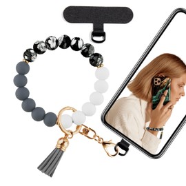 Lostars Silicone Beaded Phone Wrist Strap,Phone Bracelet Strap with Tether Tab,Elastic Hands-Free Beaded Keychain Wristlet (Black)