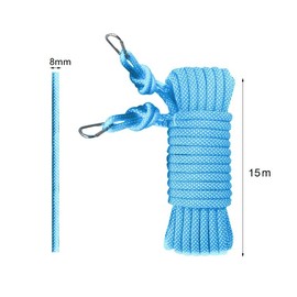 Polyester Washing Line Rope, 15m Heavy Duty Clothes Line Multipurpose Soft Braided Cotton Rope Diameter 8mm Travel Clothes Line with 2 Hooks for Outdoor Garden Camping