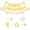 Glitter Merry Christmas Banner and Silver Snowflake Golden stars Hanging
