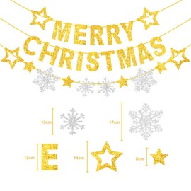 Glitter Merry Christmas Banner and Silver Snowflake Golden stars Hanging Garland Kit Paper Bunting for Party Christmas Decoration Festival Celebration Indoors Outdoors Hanging String Flag