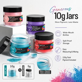 Luckymica Premium Mica Powder Set, 12 Vivid Pearlescent Pigment Jars (10g Each), Cosmetic Grade Colorant for Epoxy Resin, Soap Making, Lip Gloss, Nail Art, Slime & Candle Decor – Original Essentials