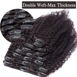 8" Kinkys Curly Clip in Hair Extensions Real Human Hair Double Weft (95g,#1B Natural Black)