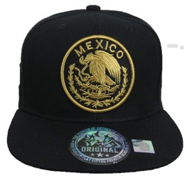 Mexico Baseball Cap Mexican Hat Fashion Casual Hats Hip Hop Flat Bill Snapback (Mexico-Black/Gold)