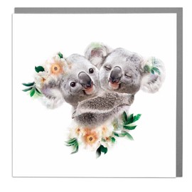 Lola Design - Wildlife Botanical Greeting Cards, Hugging Koalas Design - Suitable for Birthdays, Congratulations or Any Special Occasions - Blank Inside with Grey Envelope - 150mm x 150mm