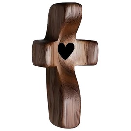 XPEX 1 x Carved Worry Stone, 5 x 3 cm, Small Wooden Cross, Worry Stone Wood, Hand Carved Love Cross Made of Wood with Black Hearts for Prayers Christening Communion