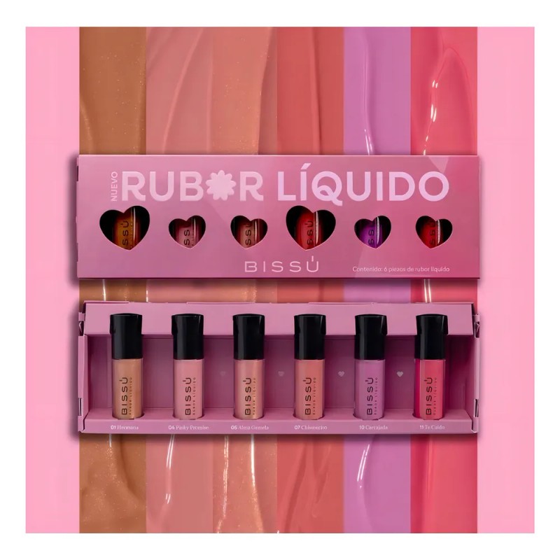 Kit Rubor Líquido 6 Tonos Bissú Rostro Duración 12h Dermatológicamente