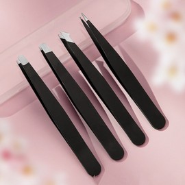 4-Piece Beauty Tweezer Set for Hair, Eyebrows, Eyelashes Slanted Pointed Tip 10ea