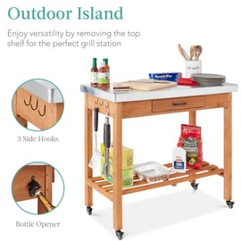 Best Choice Products Mobile Outdoor Table and Storage Cabinet w/Grill Accessory Hooks, 4 Locking Wheels, Stainless Steel Top for Patio Kitchen Island or Bar Cart - Medium Stained Brown