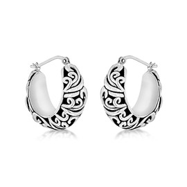 Tuscany Silver Women's Sterling Silver Oxidised Antique Style Patterned Creole Earrings, 25 x 24 mm
