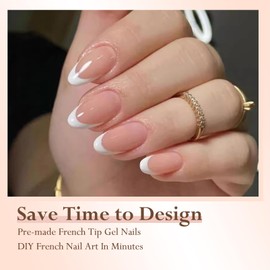 DMQ French Tip Press On Nails, 300Pcs Almond False Nails Short, Nude Oval X-coat Tips Fake Nails with Glue, Full Cover Stick On Nails for Women French White Tip Nail Art - 15 Sizes