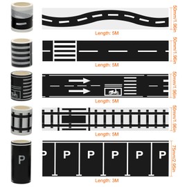 TENTHPEO Pack of 10 Road Washi Tape, Track Road Tape, Railway Road Tape with Traffic Sign Sticker, Traffic Signs Sticker, DIY Highway Tape