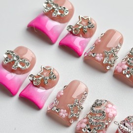 Luxury Press on Nails Short Duck Handmade 3D Unique Reusable ABS Material Fake Nails Pink French Tip False Nails with Designs Flower Bow Stars Rhinestones Glossy Glue on Nail Thick Acrylic Nail(M)