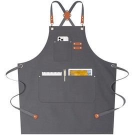 AFUN Delantales de chef para mujeres y hombres con bolsillos de gran tamaño, delantal repelente al agua de lona de algodón de 12 onzas (gris)