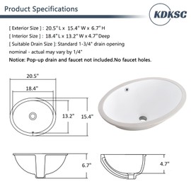 KDKSC Undermount Bathroom Sink 20.5"x15.4" Oval Undermount Sink White Ceramic Bathroom Sinks Under Counter Basin with Overflow