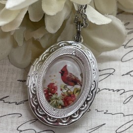 Fancy Fox Boutique Silver Red Bird Cardinal Memorial Jewelry  Locket Necklace Pendant Wedding New