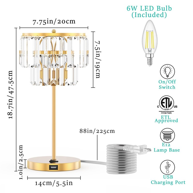 Bedside Lamp for Bedroom, Gold Crystal Table Lamp 18 Inches,