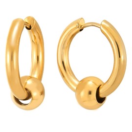 Stainless Steel Gold Color Circle Beads Huggie Hinged Hoop Earrings for Men Women, 2pcs(CA)