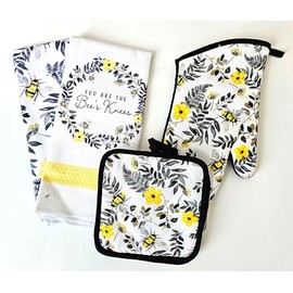 Generic 5 pc Honey Bee Themed Dish Towels 2 Drying Towels, 2 Pot HOlder and 1 Oven Mitt, Black, White, Yellow, Gray