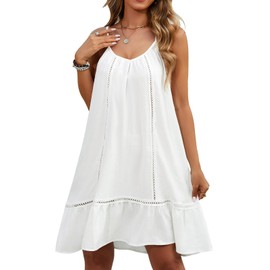 Vancavoo Women's Summer Beach Dress Short Spaghetti Straps Casual Dress V Neck Dresses Lightweight Summer Dress, White, L