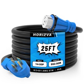 50 Amp Generator Cord, 25FT RV Extension Cord with Twist Lock, 4 Prong NEMA 14-50P to SS2-50R, Heavy Duty 6/3+8/1 Gauge STW Wire Cable for Camper & House, ETL Listed (25FT)