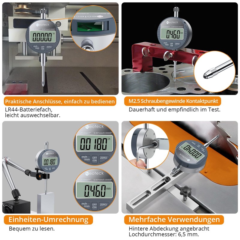 Neoteck Digital Dial Gauge 0.001 mm/0.00005 Inch Digital Probe 0-25.4