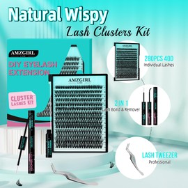 Lash Extension Kit 280PCS Eyelash Clusters 40D DIY Eyelash Extension Kits Individual Lashes Natural Lash Clusters Kit with Bond and Remover, Lash Tweezers(D-Mix9-16mm)