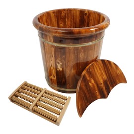 Wooden Foot Bath Tub with Massage Rollers & Lid - Spa Pedicure Soak Basin for Home/Office Use, Stress Relief Foot Care with Natural Wood Construction