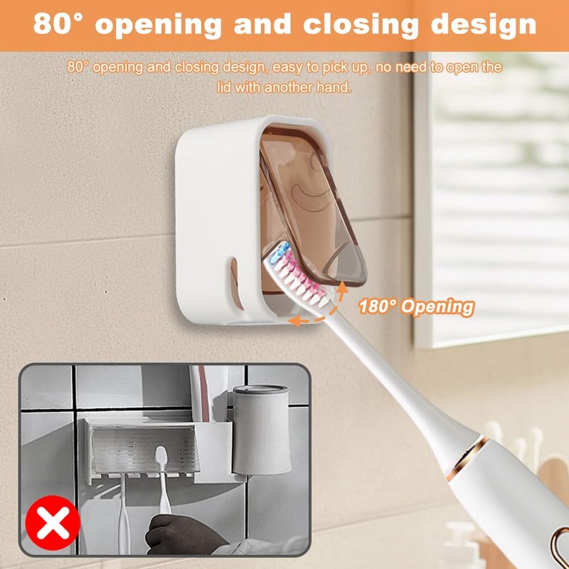 3‑Pack Wall‑Mount Toothbrush Holders with Flip‑Cover,No‑Drill Adhesive Single‑Slot Bathroom Organizer