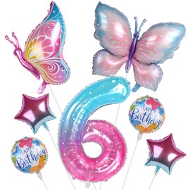 Butterfly Birthday Balloons set, 6st birthday party Balloons set, 7 PCS Butterfly Party Decorations Set,Butterfly Theme Party Decors for Girls Kid's Birthday