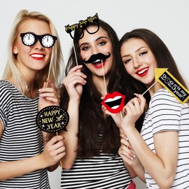 Chris.W 32 Pcs Happy New Year Photo Booth Props 2025,New Year Eve Party Supplies Photo Props, Black Gold Photo Booth Props,Happy New Year Selfie Props for Kids Adults New Year Party Celebration