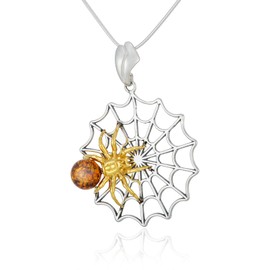 AMBEDORA Women's Golden Spider Necklace Mod.01 with Amber on Spider Web, Sterling Silver Polished Gold Plated, Baltic Amber in Cognac Colour, Silver Pendant with Chain, Sterling Silver, Amber
