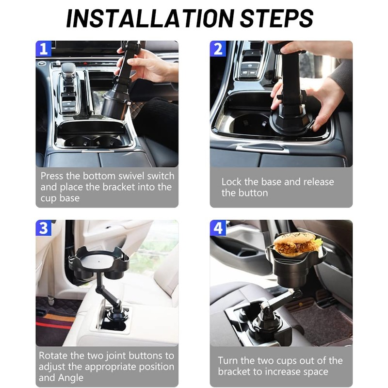 JSCARLIFE Car Cup Holder Expander with Tray, Multi-Functional Phone Slot,360