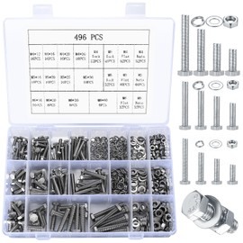 Hex Bolts and Nuts and Washers Assortment Kit, 496 Pcs Metric Hex Head Nuts and Bolts Kit, Stainless Steel Machine Screws Bolts Nuts Flat & Spring Lock Washers Set - M4 M5 M6