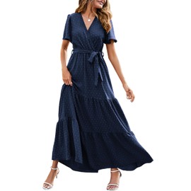 MASCOMODA Women Boho Swiss Dot Maxi Dresses Wrap V Neck Flutter Short Sleeve Solid Tie Waist A Line Tiered Flowy Long Dress(Navy,Medium)