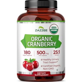 Zazzee USDA Organic Cranberry 25:1 Extract, 500 mg per Capsule, 180 Vegan Capsules, 6 Month Supply, Certified Kosher, Vaccinium Macrocarpon, Urinary Tract & Bladder Support, Non-GMO, Made in the USA