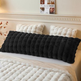 LIFEREVO Fluffy Faux Rabbit Fur Long Bolster Pillowcase, Soft Cozy Plush Body Pillow Cover with Zipper, Fuzzy Furry Waffle Bubble Long Bed Pillowcase for Pregnancy Women Side Sleeper, 4.6ft, Black