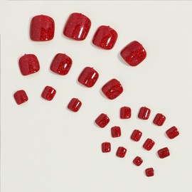Red Press on Toenails Short Toe Nail Press ons Square Fake Toenails with Glitter Designs Glossy Glue on ToeNails Solid Color Acrylic Toenails Daily Wear Simple Stick on Toenails for Women 24Pcs