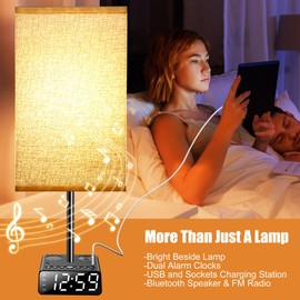 Yostyle Table Lamp with Alarm Clock Base, Bedside Lamp,2 USB & 1 AC Power Outlets, FM Radio & Speaker 6Ft Extension Cord - Square Black Fabric Lampshade,Touch Control Ideal for Bedrooms Living Rooms