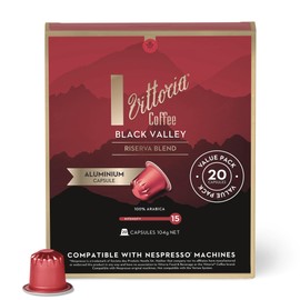 Vittoria Black Valley 100% Arabica Nespresso Compatible Aluminium Coffee Capsules. Dark Roasted Best Served with Milk - 20 Pack Pods