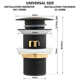 kelleria Drain Fitting Sink with Overflow, Pop-Up Valve Drain Set, Universal 1 1/4 Inch Drain Valve for Washbasins and Washbasins of All Kinds, Includes 3 Seals, Black, Brass