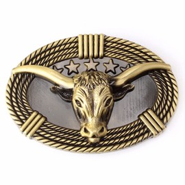 Longcreek Hebilla para cinturón de toro para hombre, Longhorn Bull Rodeo Bull Oval Rope Bull Head Western Cowboy Belt Buckle, Oro, NO