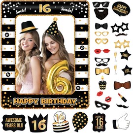 16th Birthday Decoration Boys Girls, Black Gold 16th Birthday Inflatable Picture Frame & 33 Pieces Photo Props Party Photo Booth Props Photo Box Accessories Gifts for 16th Birthday Party Accessories