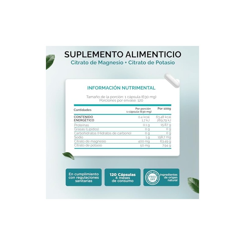 Citrato de Magnesio Puro | 120 Capsulas 630 mg |